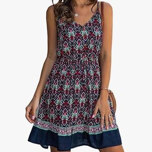 NWOT Floral V Neck Spaghetti Strap Button
Down Sundress Swing  Mini Short Dress